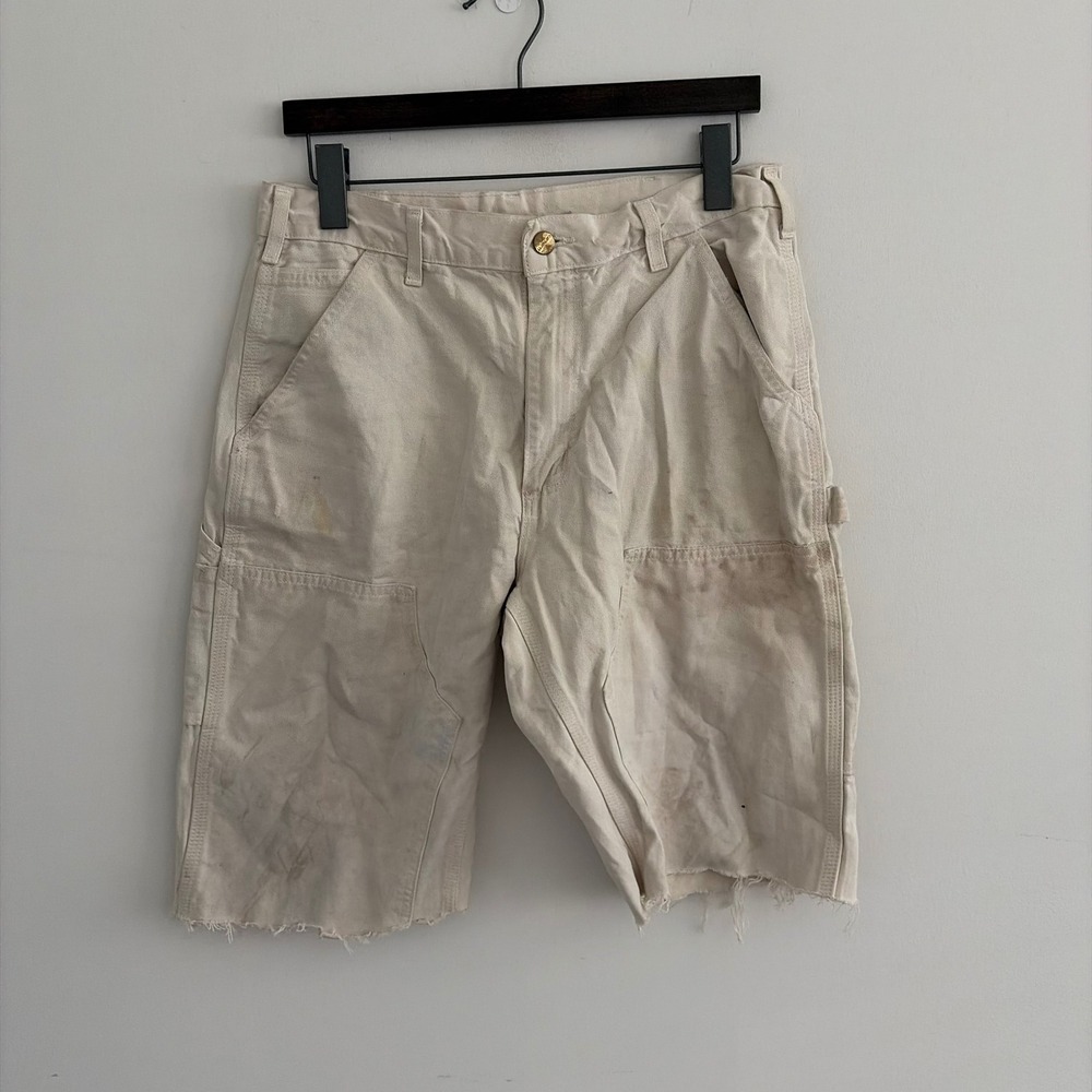 Carhartt Mens Double Knee Carpenter Shorts Off White Raw Hem Made in USA